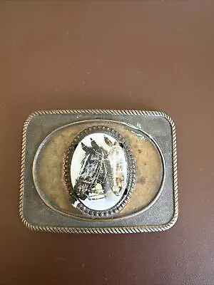 Bronze Belt Buckle Rectangular White Marble Painted Cameo Of Two Horses • $30