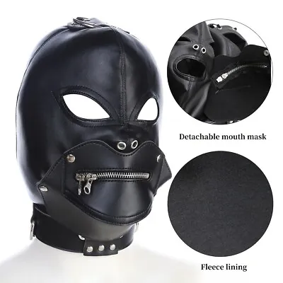 Zipper Mask Full Head Hood Eye Opening Face Mask Leather Men Women Cosplay Prop • $28.32