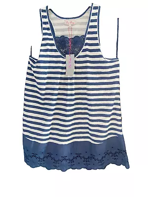 Be Beau Summer Muscle Back Stripe Nautical Vest Embroidered Hem Navy Size 18 • £4