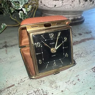 Vintage Florn Germany Travel Wind-Up Folding Alarm Clock Leather Brown  MCM • $16.99