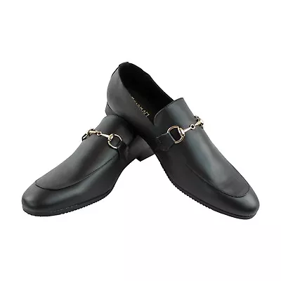 Genuine Leather Mens Black Slip On Loafers Gold Buckle Dress Shoe AZARMAN • $49