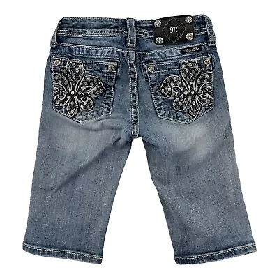 Miss Me Girls Shorts Size 12 Blue 11  Fleur-de-Lis Pockets Stretch Denim Bermuda • $14.99