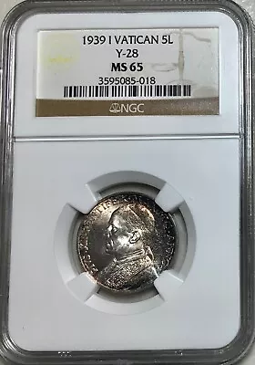 1939 Vatican 5 Lire NGC MS65 Lovely Toning!! • $75