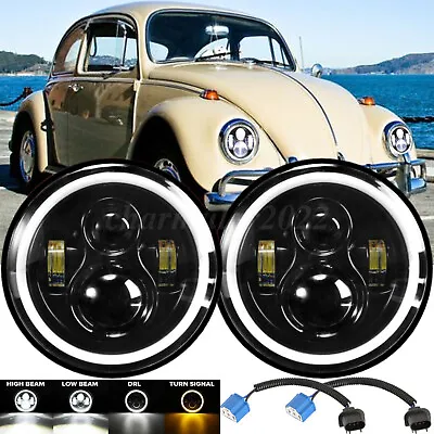 Pair 7  Inch Round LED Headlights Hi/Low Beam Halo DRL For VW Beetle 1950-1979 • $49.99