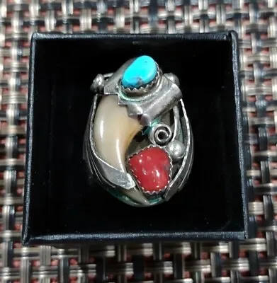 Tom David Natural Turquoise & Red Coral Navajo Men's Ring Sterling Sz 10.25 • $149