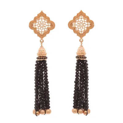 Gold Plated Filigree Quatrefoil Black Crystal Moroccan Tassel Earrings 3.5 Inch • $38