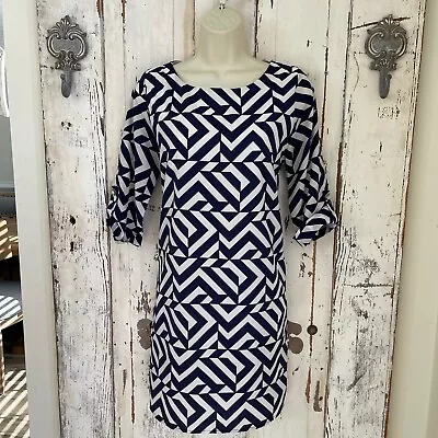 Miami Size Small Womans Navy Blue White Roll Tab Elbow Sleeve Shift Career Dress • $20.99