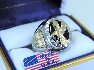 Men's Black Hills Gold Sterling Silver & 12k Onyx Eagle Signet RING S 12         • $218.99