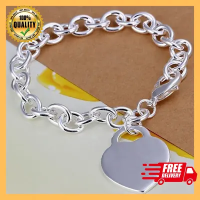 Pure 925 Sterling Silver Rolo Link Chain Charm Bangle Heart Tag Bracelet Jewelry • $5.99