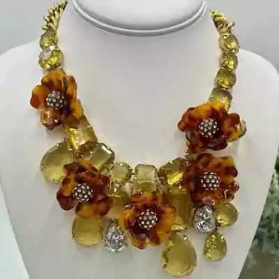 J. Crew Tortoiseshell Flower Asymmetrical Pave Yellow Clear Rhinestone Necklace • $145