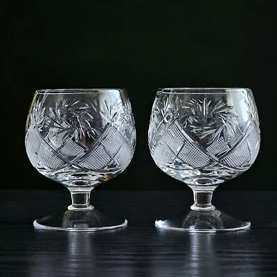 Set Of 2  10 Oz Russian Cut Old Fashioned Vintage Crystal Brandy Snifter Glasses • $39.99