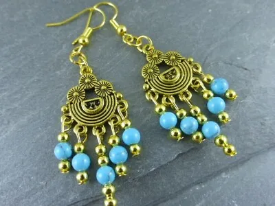 Beautiful Egyptian Style Gold & Turquoise Chandelier Earrings Pierced Gift Bag • £5.95