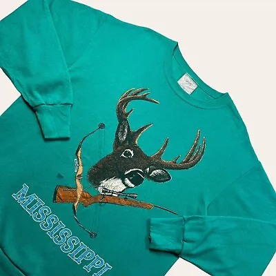 Vintage Nature Sweatshirt Mens XL/L Teal Green Mississippi Deer Graphic Delta • $27.35
