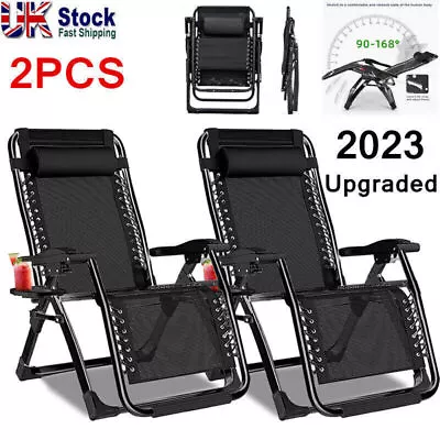 2X Zero Gravity Chair Heavy Duty Outdoor Reclining Garden Sun Lounger W/ Pillow • £79.88