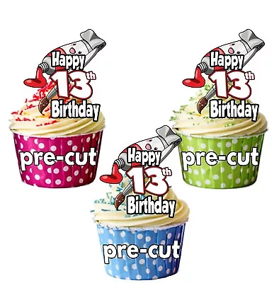 PRECUT Paint & Brush Art Craft 12 Cupcake Toppers Birthday Decorations ANY AGE • £3.75