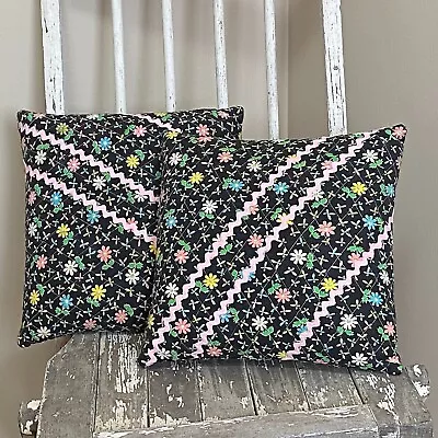 Pair Vintage 1950s Quilted Floral And Rick Rack Pillows 12x12 • $29