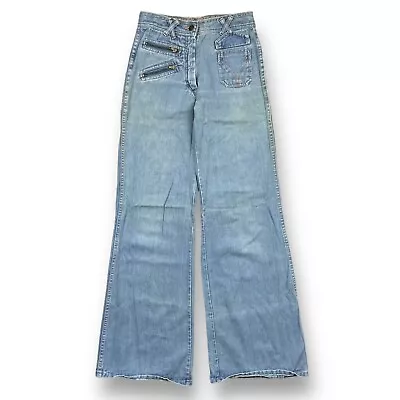 VTG 70s Bell Bottom Flare Jeans Women’s Blue Dark High Waisted Denim Size 26x32 • $49.99