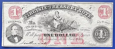 Obsolete Currency - One Dollar Virginia Treasury Note 1862 Higher Grade #73607 • $49.99