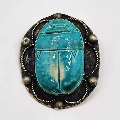 Vintage Scarab Brooch Sterling Silver Blue Egyptian Revival  • $69.99