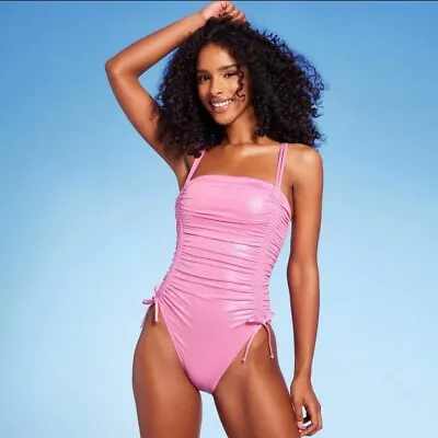 Women's Square Neck Shirred Drawstring One Piece Swimsuit - Shade & Shore Pink • $22.99