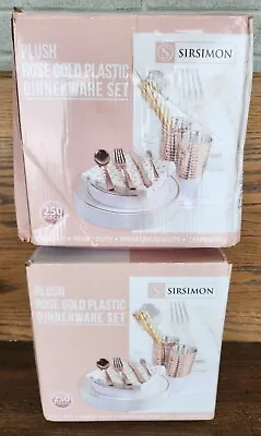 2 BOXES SIRSIMON 500 Piece Disposable Rose Gold Plastic Dinnerware Set Serves 50 • £96.50