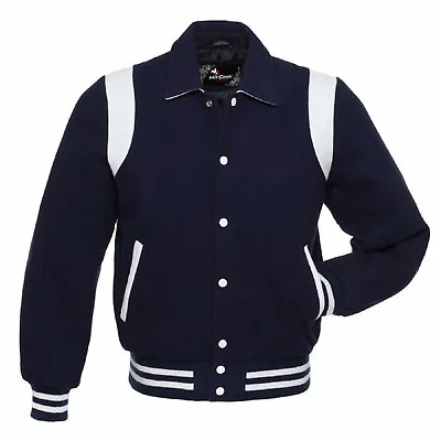 £77 • Buy Navy Blue Wool Varsity Letterman College Collared Jacket Rib Blue/White 