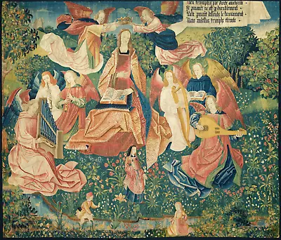 Medieval Angelic Choir Tapestry Reproduction:  Haloed Virgin & Floral RE421262 • $49