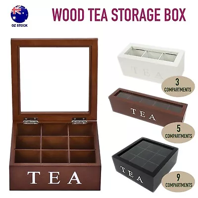 Wooden Tea Bag Chest Box Glass Window Wood Jewellery Storage Organiser Assorted • $33.94