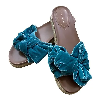 $22 • Buy Zara Velvet Bow Slides Mules 39 Blue Teal Espadrilles Open Toe Boho Classic