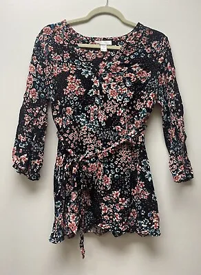 Motherhood Maternity Black Floral Top Blouse Size Medium M Tie Belt 3/4 Sleeve • $14.99