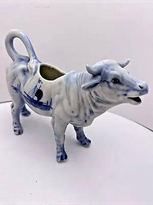 Antique Delft Style Cow Figure Creamer Pitcher Hand-Painted Blue & White 7  Long • $27