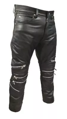 Mens Real Black Genuine Leather Motorbike Zipper Pant Rider Jeans Biker Trouser • $140