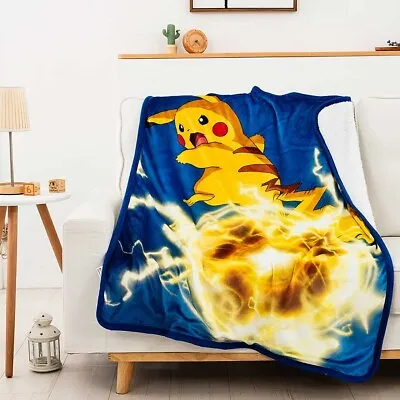 New Pikachu Shock Fleece Throw Gift Blanket Sherpa Pokemon Go Nintendo SOFT NIP • $22.21