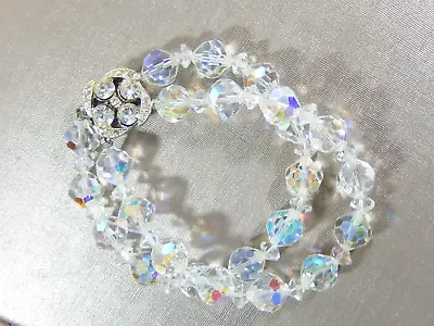 Vintage Ab Crystal 2 Strand Bracelet With Elaborate Rhinestone Clasp • $20
