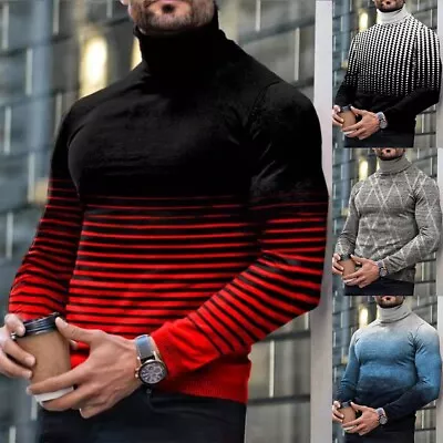 Mens Pullover Long Sleeve Polyester Print Turtleneck T-shirt Casual Hoodie Tops • $27.64