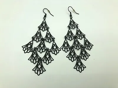 Chandelier Earrings Black Art Deco Style Dangle Drop Pierced Ears Retro Boho • £8