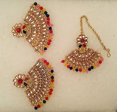 New Pearl Bridal Maang Tikka Earrings Kundan Wedding Gold Tone Indian Jewelry • $23.64