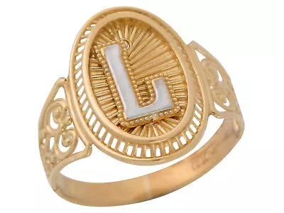 10k Or 14k Two Tone Gold Letter L Filigree Band Radiant Ladies Oval Initial Ring • $249.99