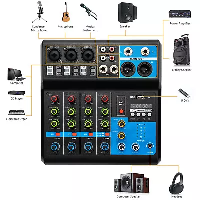 Pro 5 Channel Bluetooth Studio Audio Mixer Live Sound Mixing Console USB 5-Way • $47.51