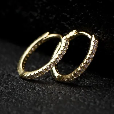 Men's Thin Gold Sterling Silver One Row Iced CZ Elegant Huggie Hoop Earrings • $18.99