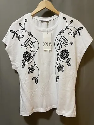 NWT ZARA Women Short Sleeve Flower Eyelet Embroidery Cut-Out Shirt Size S White • $23.98