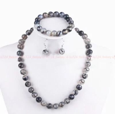 $7.99 • Buy 6/8/10mm Natural Black White Dragon Veins Agate Necklace Bracelet Earrings Set
