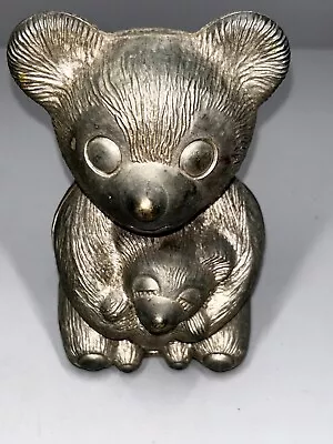 Vintage Zinc Metal Bear Holding Baby Teddy Bear Coin Piggy Bank 5  • $9