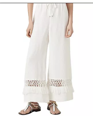 $50 • Buy Tigerlily Pants Tanoosa White Linen Blend Fringing Elastic Waist Small 