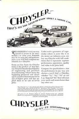 Chrysler All You Need To Know About A Motor Car Chrysler 1928 Vintage Ad  • $6.80