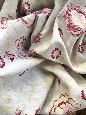 1 Metre - Cabbages And Roses Linen Fabric - Elgin - Raspberry On Linen • £1