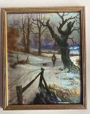 Vintage Dufex Foil Picture Winter Scene Man & Dog Walking In Fields 275x225mm • $37.29