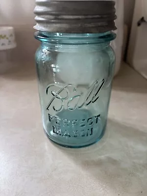 Vintage Ball Perfect Mason Blue Glass #10 Pint  Canning Jar With Ball Zinc Lid • $5