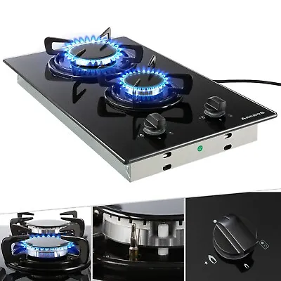 AREBOS Gas Hob 2 Burners | Glass Ceramic | Incl. Pan Support & Ignition Fuse • £84.99