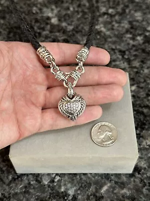 Judith Ripka Sterling Silver Black Leather Cord Necklace Heart Enhancer Pendant • $99
